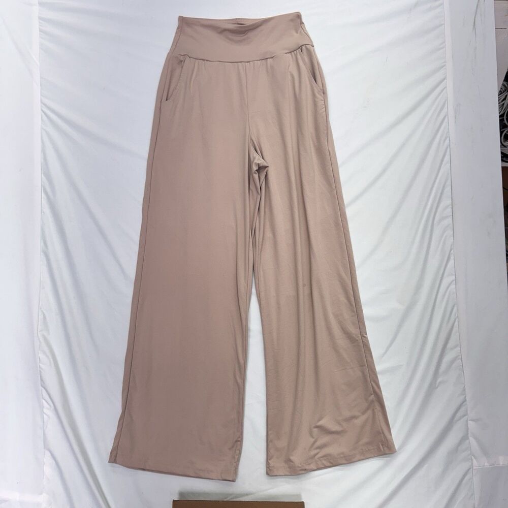 Women’s HIGHWAIST Wide Leg FLARED PANTS beige M pockets Soft Flowy
